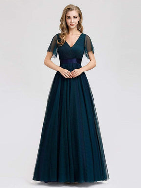 COLOR=Navy Blue | Women'S Double V-Neck Floor-Length Bridesmaid Dress With Short Sleeve-Navy Blue 1
