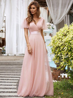 COLOR=Pink | Women'S Double V-Neck Floor-Length Bridesmaid Dress With Short Sleeve-Pink 1