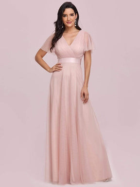 COLOR=Pink | Women'S Double V-Neck Floor-Length Bridesmaid Dress With Short Sleeve-Pink 4