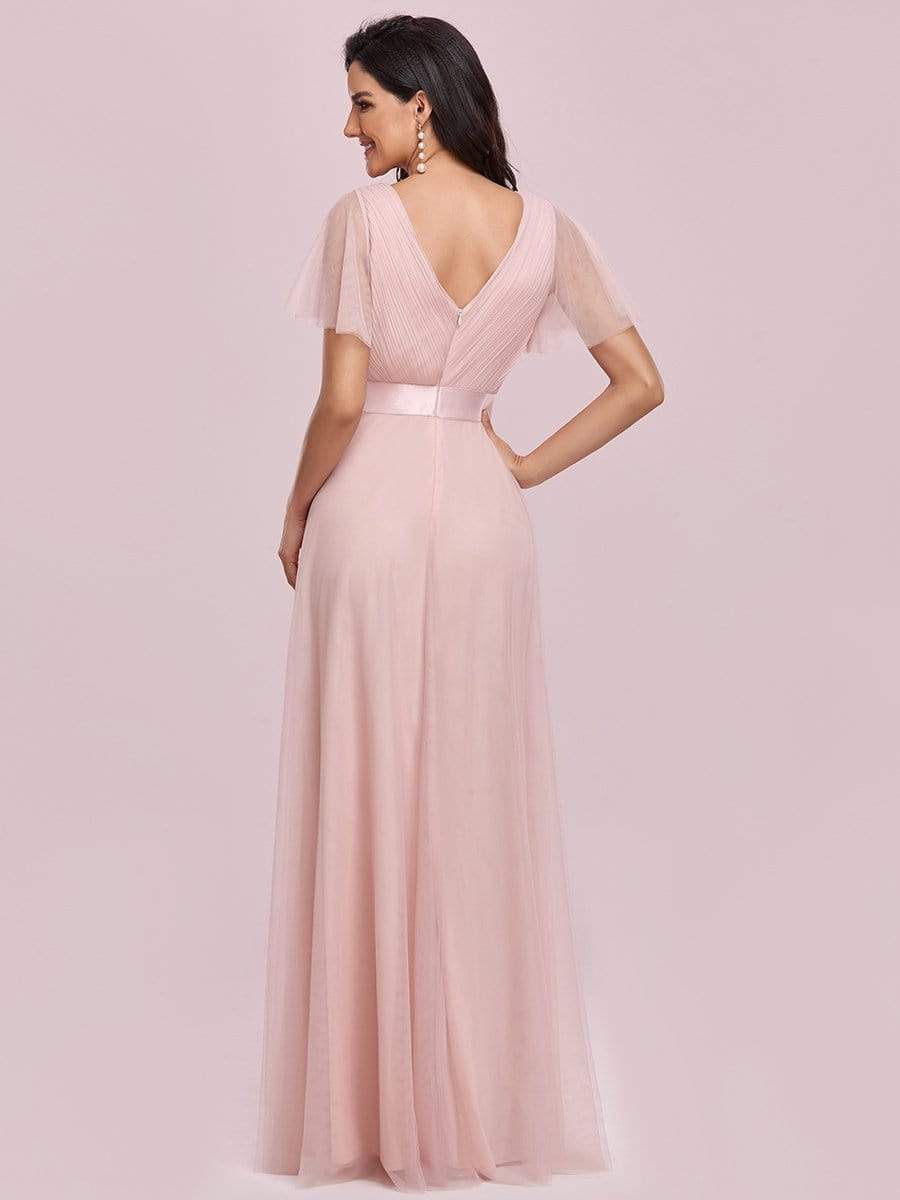 COLOR=Pink | Women'S Double V-Neck Floor-Length Bridesmaid Dress With Short Sleeve-Pink 5