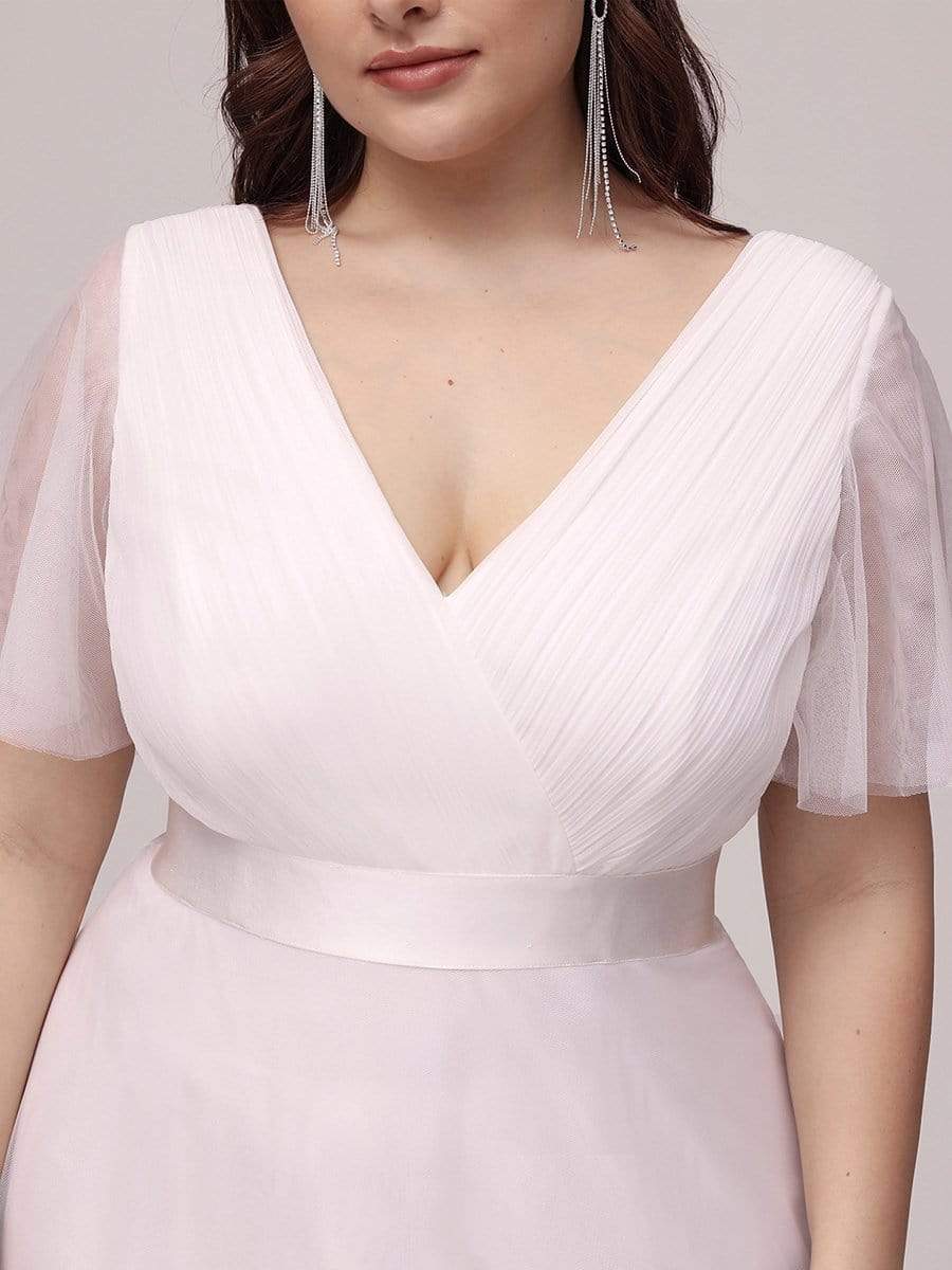 Color=White | Plus Size Women'S V-Neck A-Line Short Sleeve Floor-Length Bridesmaid Dress-White 5