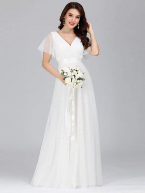COLOR=White | Women'S Double V-Neck Floor-Length Bridesmaid Dress With Short Sleeve-White 6