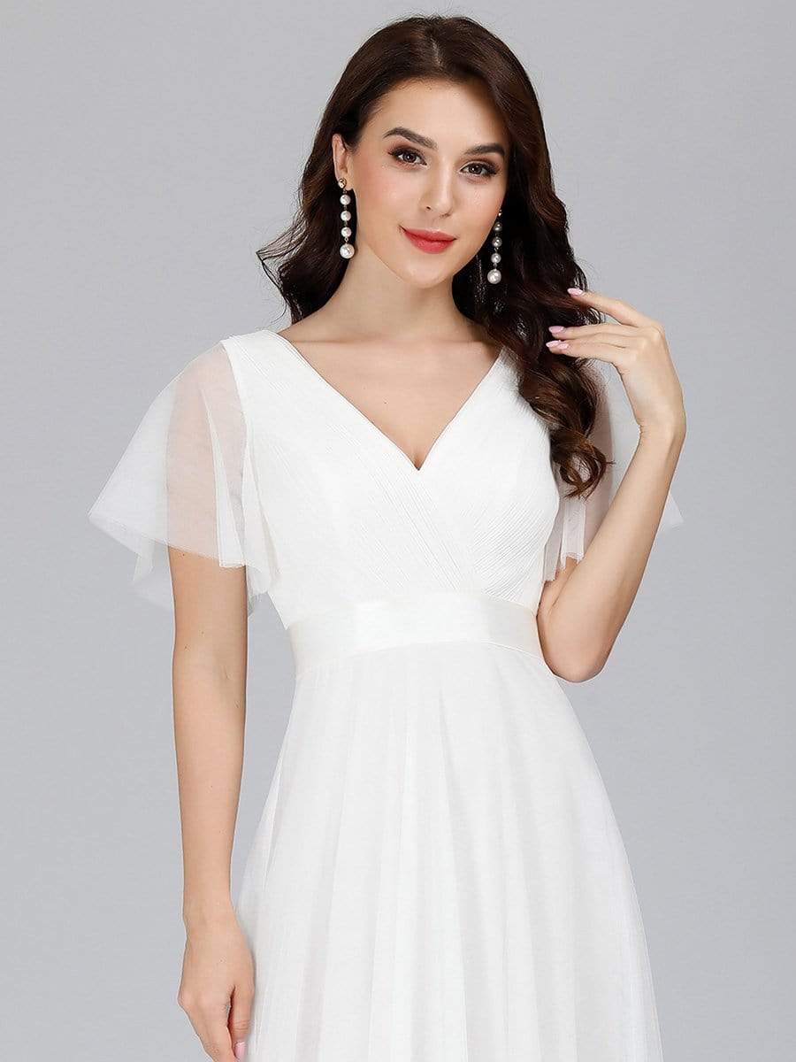 COLOR=White | Women'S Double V-Neck Floor-Length Bridesmaid Dress With Short Sleeve-White 3
