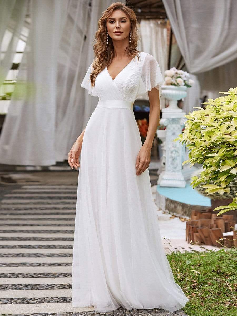 COLOR=White | Women'S Double V-Neck Floor-Length Bridesmaid Dress With Short Sleeve-White 1