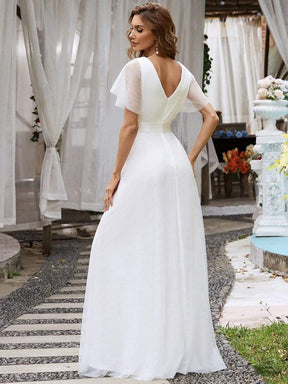COLOR=White | Women'S Double V-Neck Floor-Length Bridesmaid Dress With Short Sleeve-White 2