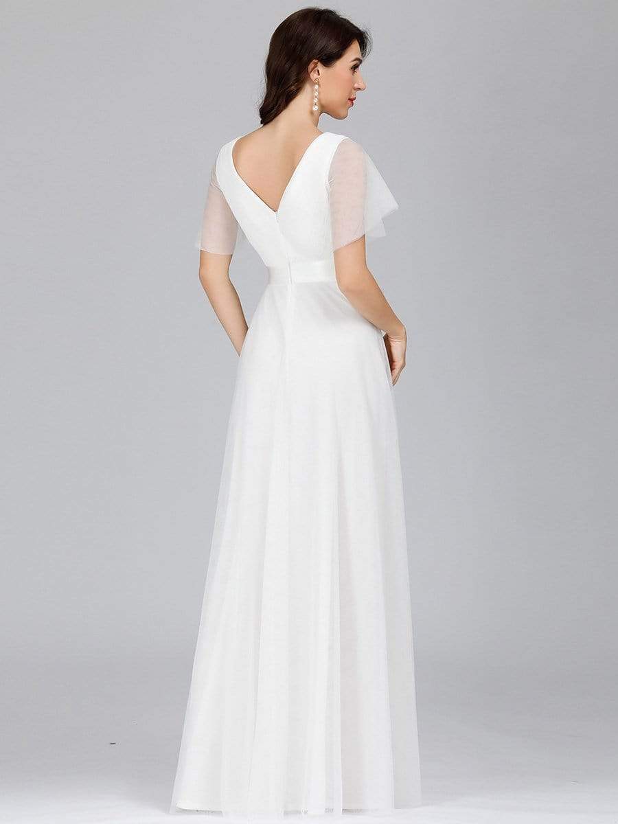 COLOR=White | Women'S Double V-Neck Floor-Length Bridesmaid Dress With Short Sleeve-White 5