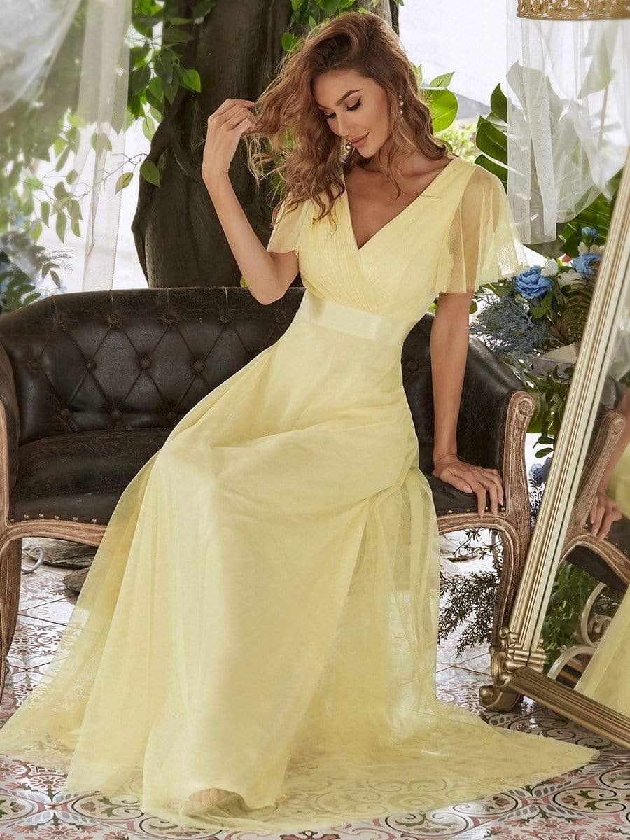 COLOR=Yellow | Women'S Double V-Neck Floor-Length Bridesmaid Dress With Short Sleeve-Yellow 4