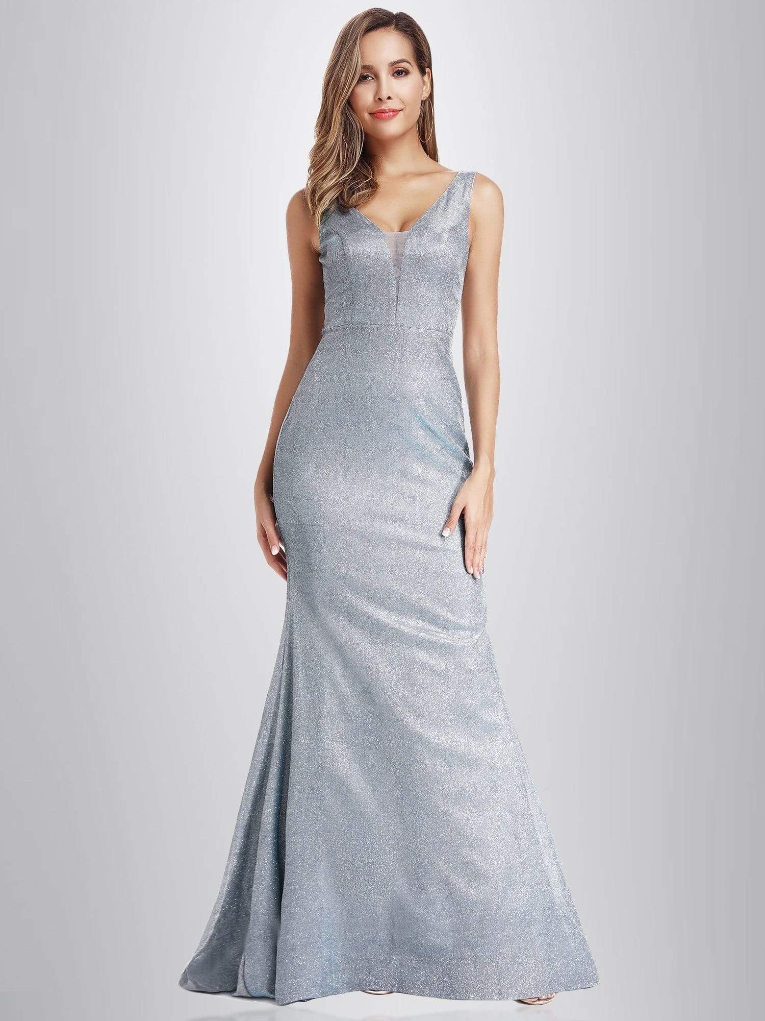 Color=Sky Blue | Women'S V-Neck Glitter Dress Bodycon Floor-Length Evening Dress-Sky Blue 1