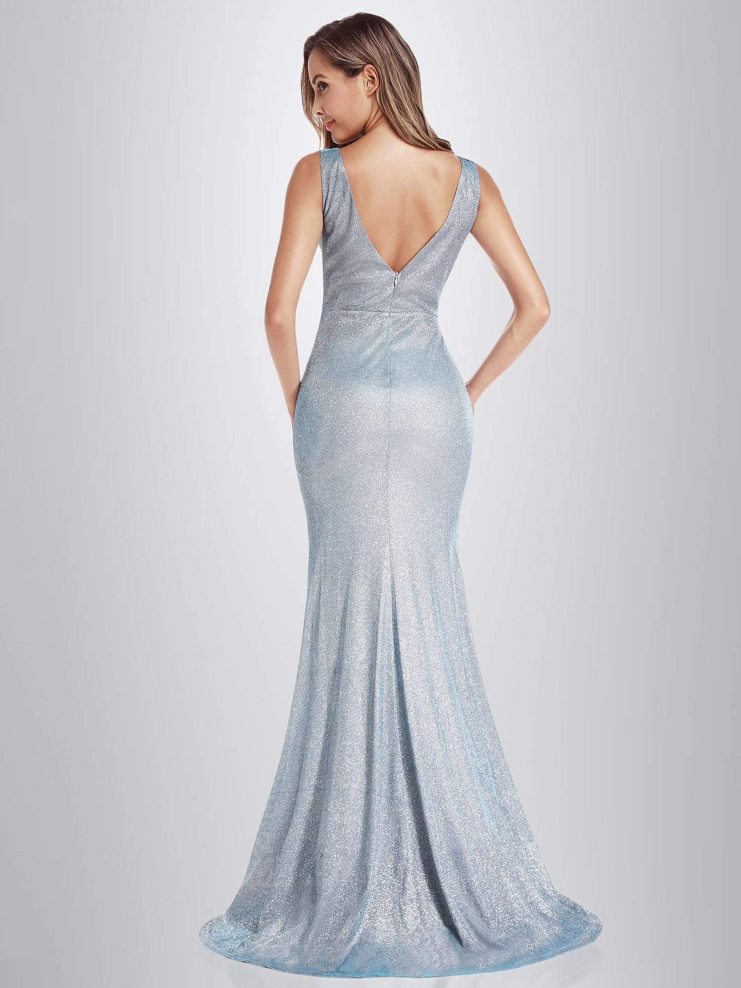 Color=Sky Blue | Women'S V-Neck Glitter Dress Bodycon Floor-Length Evening Dress-Sky Blue 2