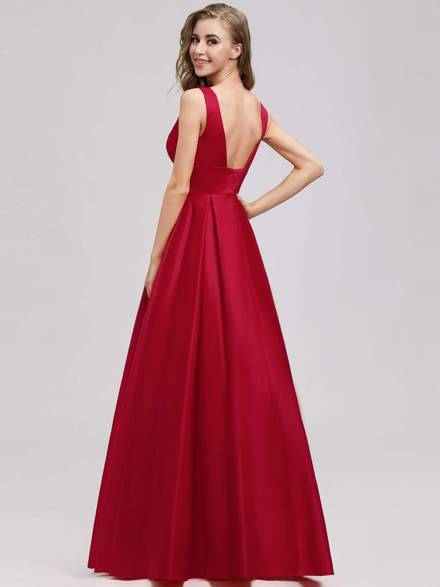 Color=Red | Women'S V-Neck Backless Flared Evening Party Maxi Dress-Red 2