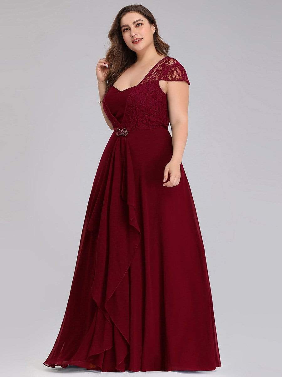Color=Burgundy | Women'S Sweetheart Cap Sleeve Floral Lace Wedding Guest Dress-Burgundy 8