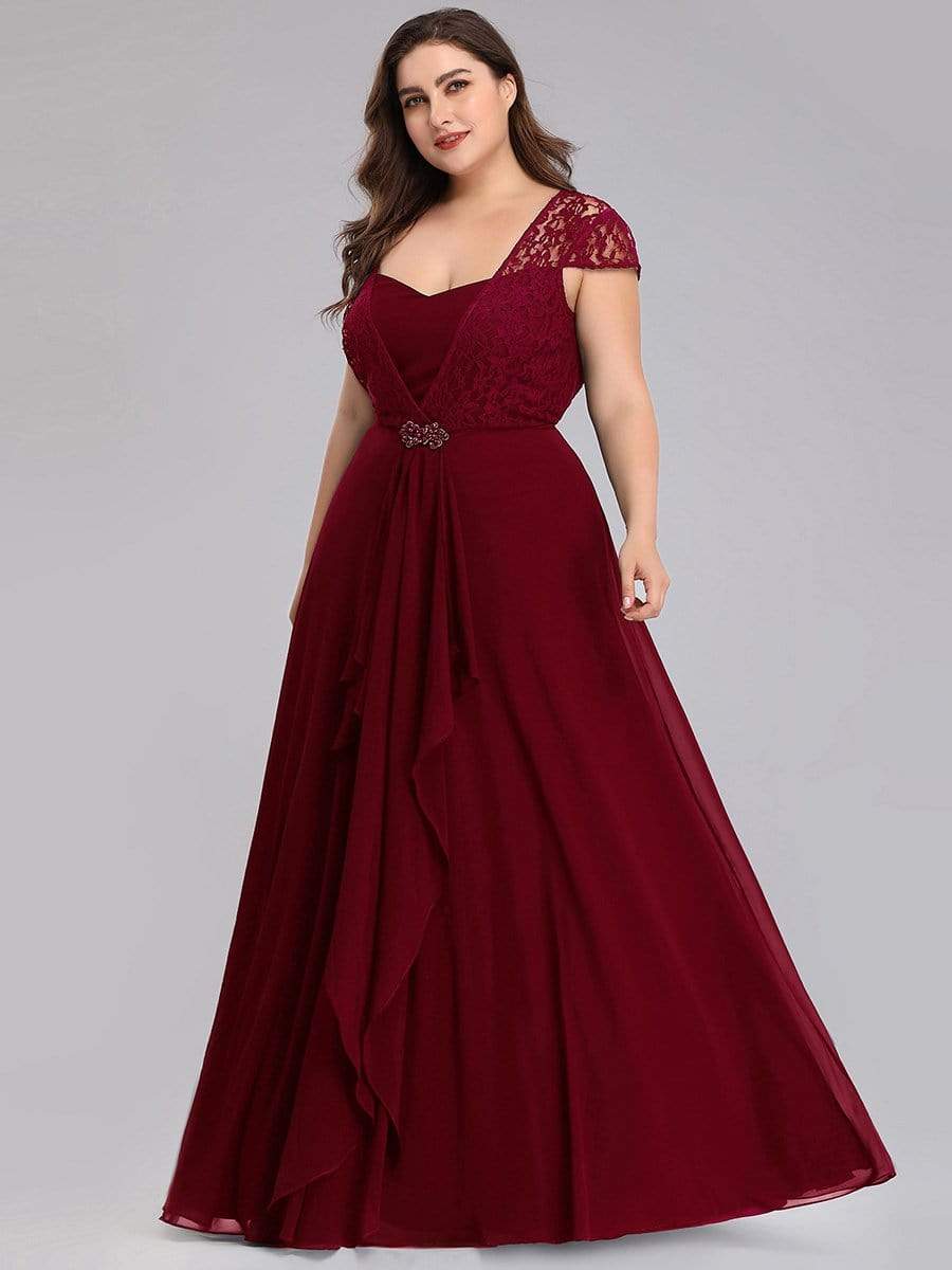 Color=Burgundy | Women'S Sweetheart Cap Sleeve Floral Lace Wedding Guest Dress-Burgundy 9