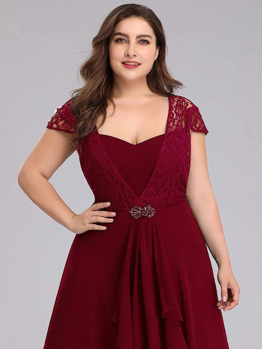 Color=Burgundy | Women'S Sweetheart Cap Sleeve Floral Lace Wedding Guest Dress-Burgundy 10