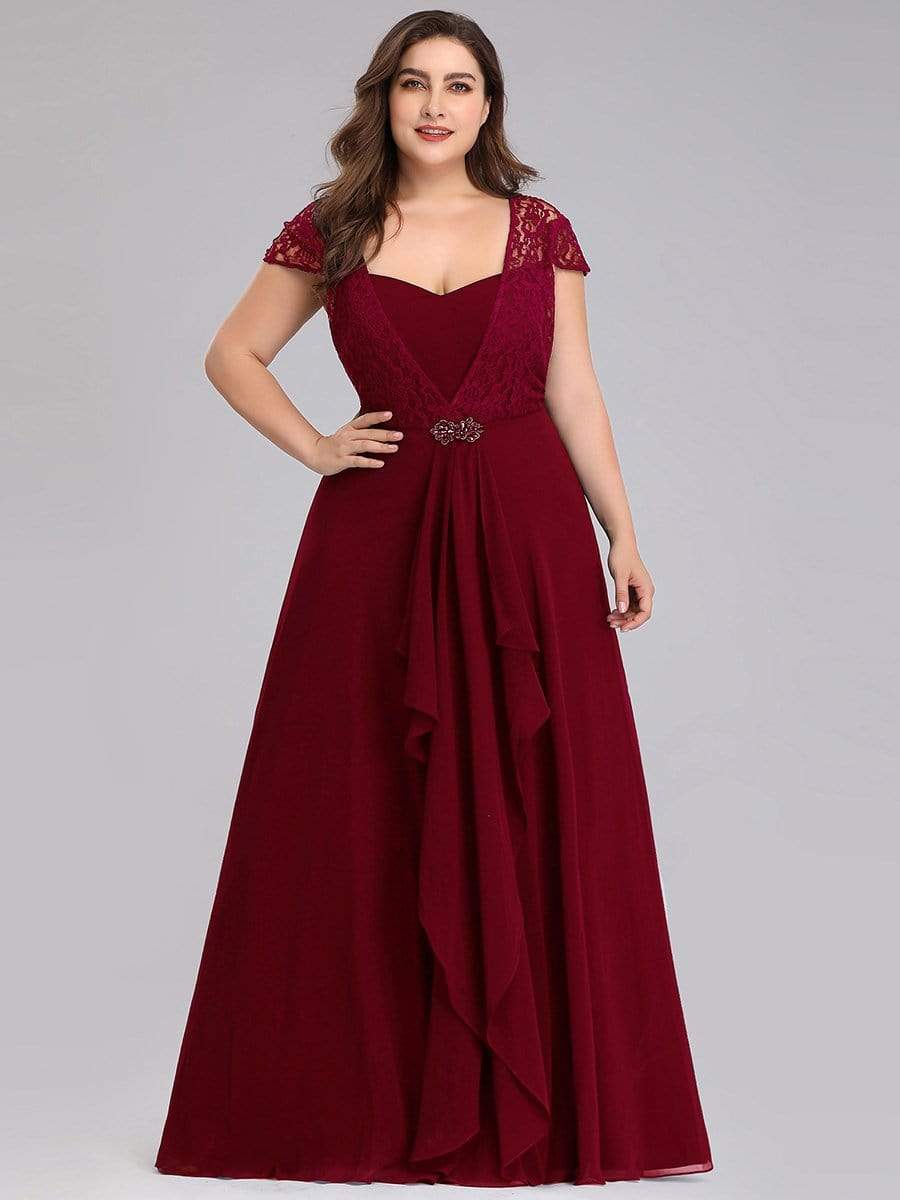 Color=Burgundy | Women'S Sweetheart Cap Sleeve Floral Lace Wedding Guest Dress-Burgundy 6