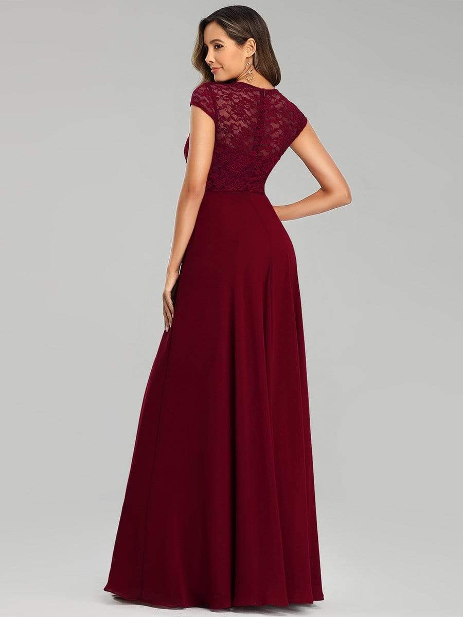 Color=Burgundy | Women'S Sweetheart Cap Sleeve Floral Lace Wedding Guest Dress-Burgundy 2