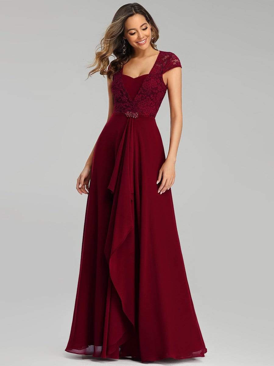Color=Burgundy | Women'S Sweetheart Cap Sleeve Floral Lace Wedding Guest Dress-Burgundy 3