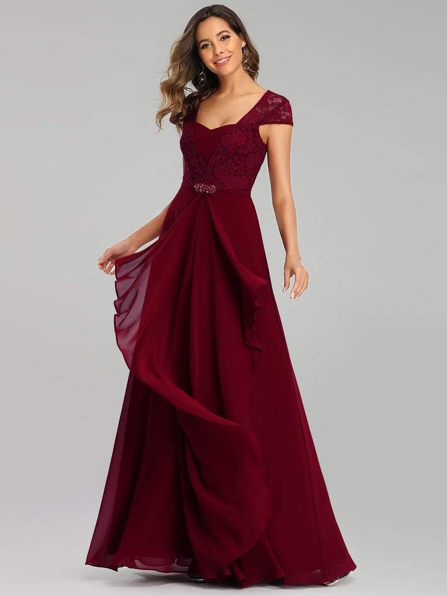 Color=Burgundy | Women'S Sweetheart Cap Sleeve Floral Lace Wedding Guest Dress-Burgundy 4
