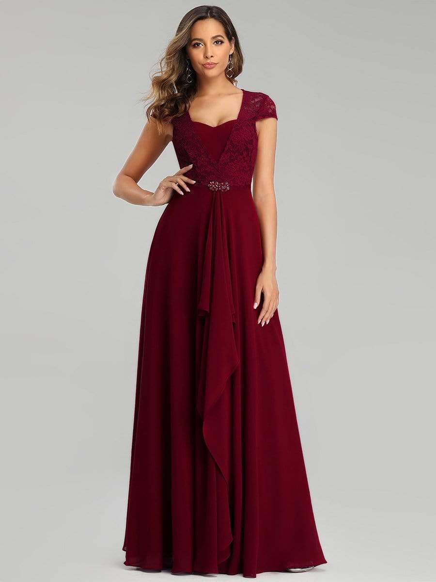Color=Burgundy | Women'S Sweetheart Cap Sleeve Floral Lace Wedding Guest Dress-Burgundy 1
