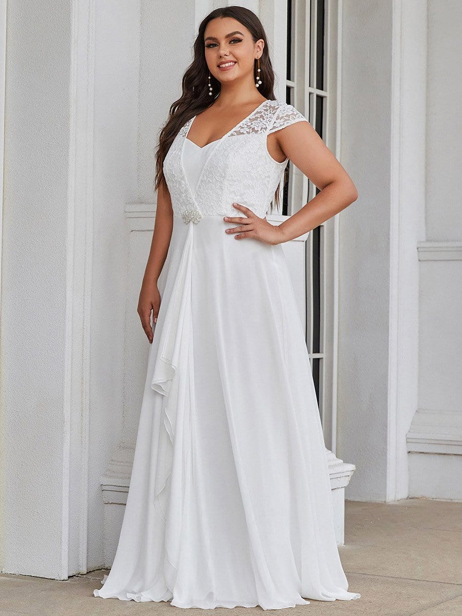 Color=Cream | Plus Size Women'S Sweetheart Cap Sleeve Floral Lace Wedding Guest Dress-Cream 1