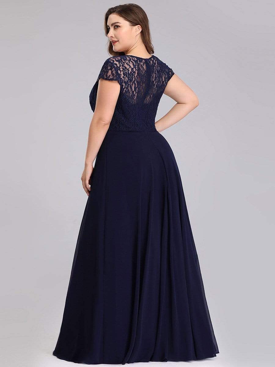 Color=Navy Blue | Plus Size Women'S Sweetheart Cap Sleeve Floral Lace Wedding Guest Dress-Navy Blue 2