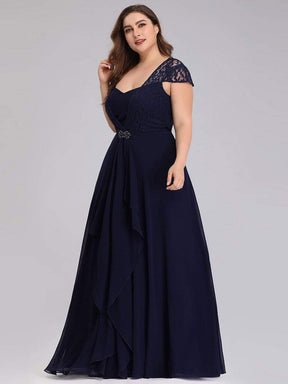 Color=Navy Blue | Plus Size Women'S Sweetheart Cap Sleeve Floral Lace Wedding Guest Dress-Navy Blue 3
