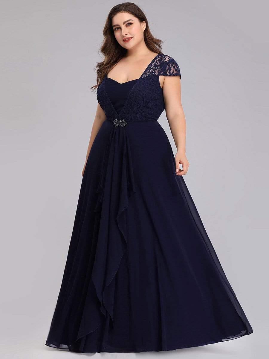 Color=Navy Blue | Plus Size Women'S Sweetheart Cap Sleeve Floral Lace Wedding Guest Dress-Navy Blue 4