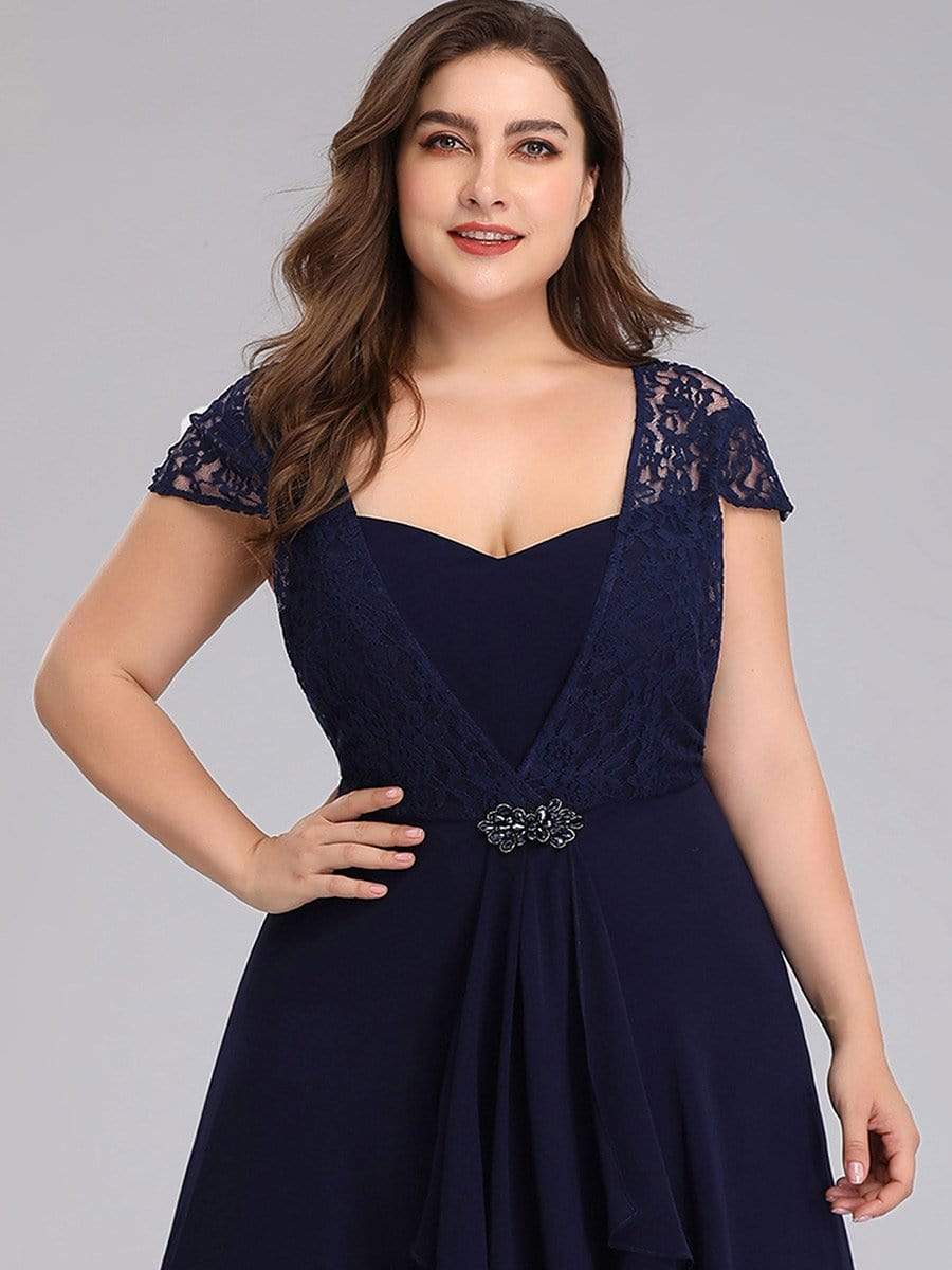 Color=Navy Blue | Plus Size Women'S Sweetheart Cap Sleeve Floral Lace Wedding Guest Dress-Navy Blue 5