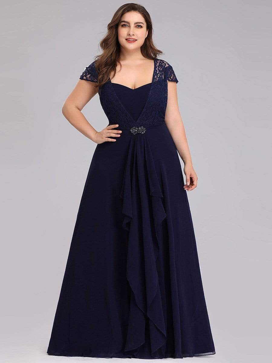 Color=Navy Blue | Plus Size Women'S Sweetheart Cap Sleeve Floral Lace Wedding Guest Dress-Navy Blue 1