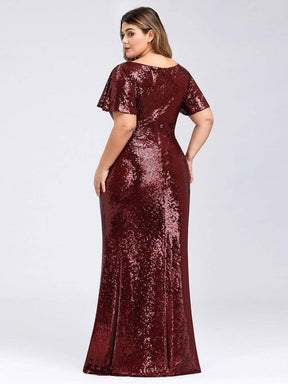 COLOR=Burgundy | Women'S V-Neck Short Sleeve Glitter Dress Bodycon Mermaid Dress-Burgundy 2