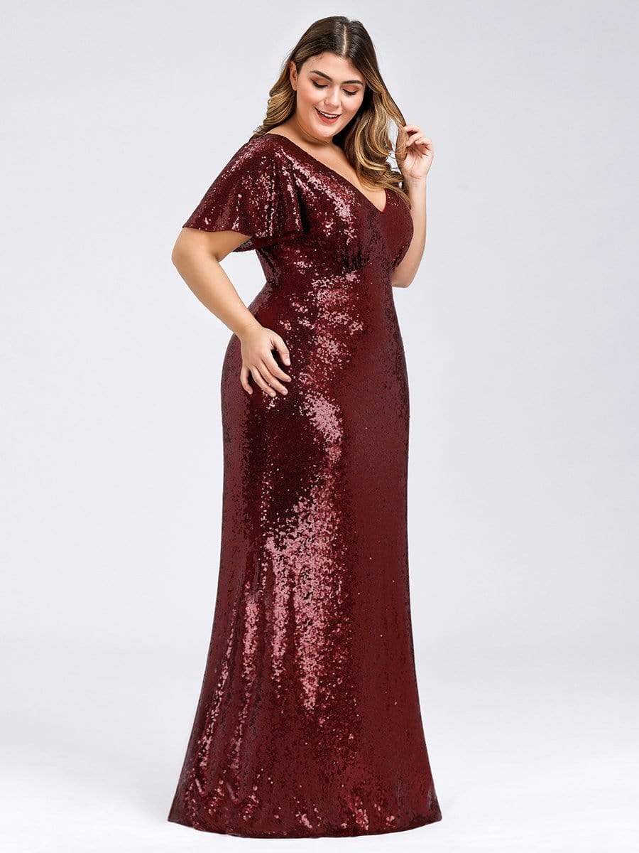 COLOR=Burgundy | Women'S V-Neck Short Sleeve Glitter Dress Bodycon Mermaid Dress-Burgundy 3