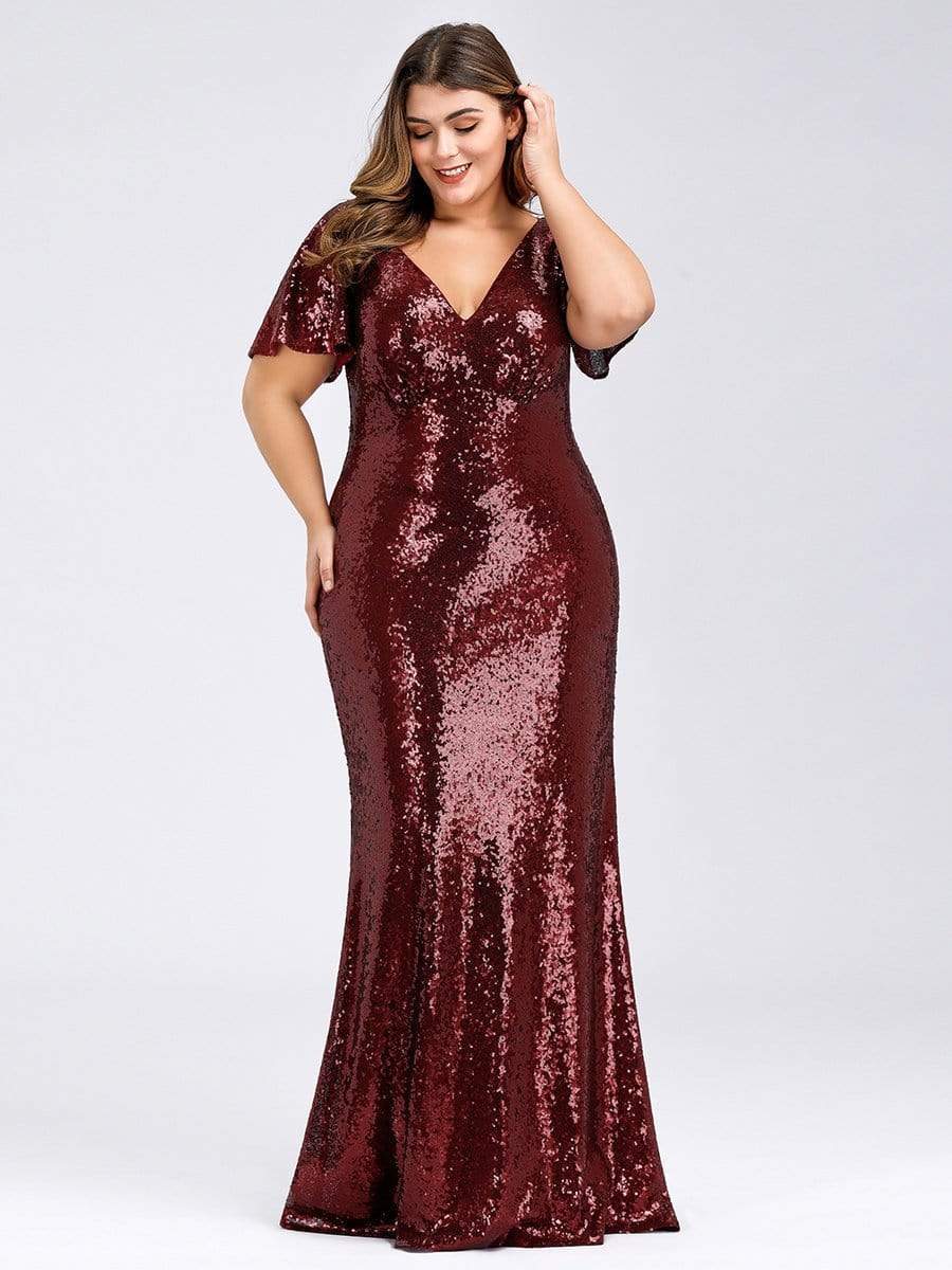 COLOR=Burgundy | Women'S V-Neck Short Sleeve Glitter Dress Bodycon Mermaid Dress-Burgundy 4