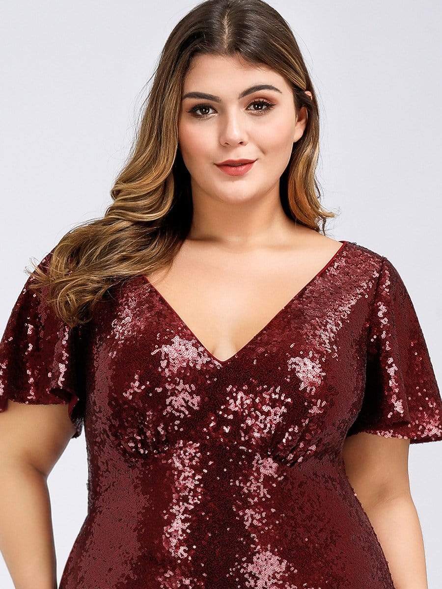 COLOR=Burgundy | Women'S V-Neck Short Sleeve Glitter Dress Bodycon Mermaid Dress-Burgundy 5