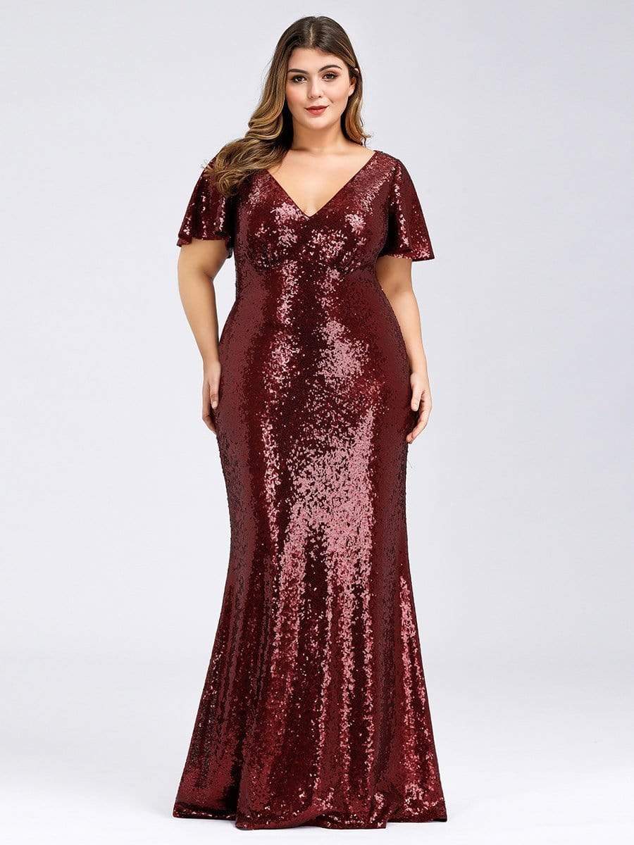 COLOR=Burgundy | Women'S V-Neck Short Sleeve Glitter Dress Bodycon Mermaid Dress-Burgundy 1