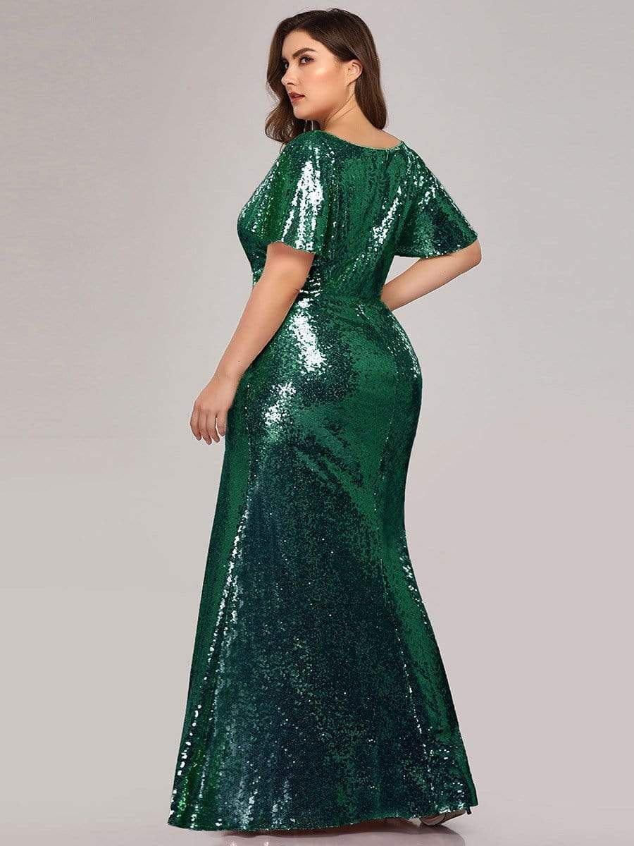 COLOR=Dark Green | Women'S V-Neck Short Sleeve Glitter Dress Bodycon Mermaid Dress-Dark Green 2