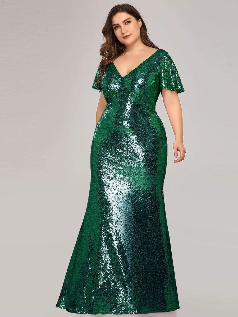 COLOR=Dark Green | Women'S V-Neck Short Sleeve Glitter Dress Bodycon Mermaid Dress-Dark Green 3