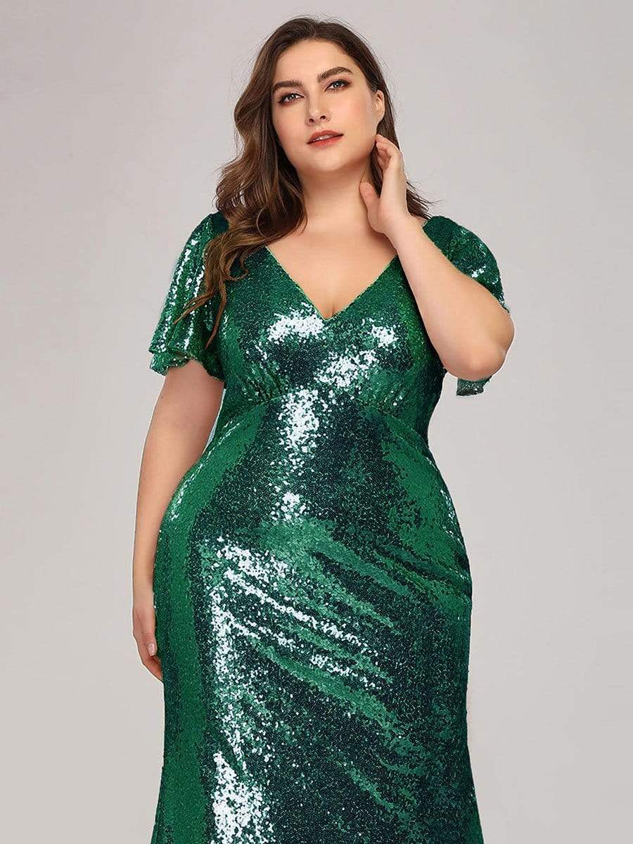 COLOR=Dark Green | Women'S V-Neck Short Sleeve Glitter Dress Bodycon Mermaid Dress-Dark Green 5