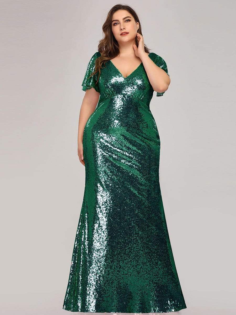 COLOR=Dark Green | Women'S V-Neck Short Sleeve Glitter Dress Bodycon Mermaid Dress-Dark Green 1