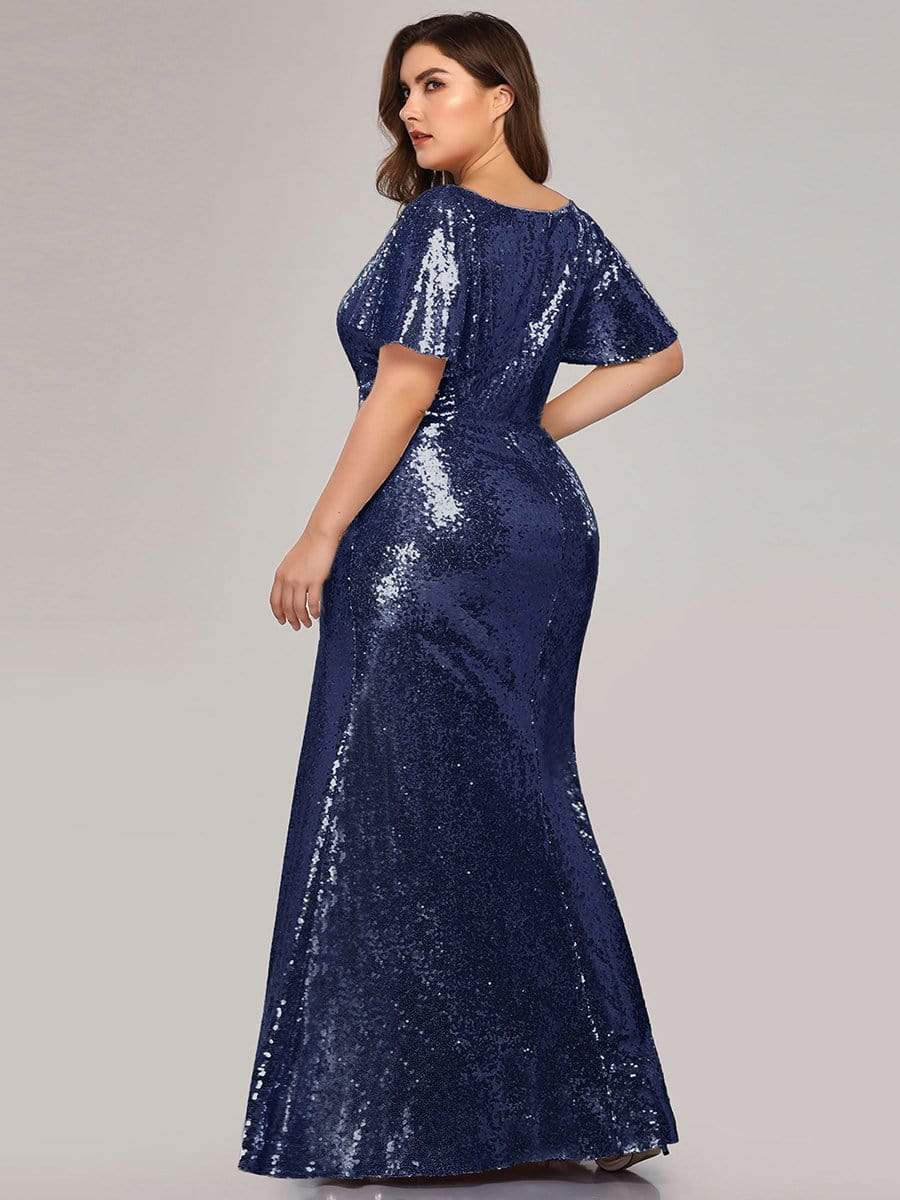 COLOR=Navy Blue | Women'S V-Neck Short Sleeve Glitter Dress Bodycon Mermaid Dress-Navy Blue 2