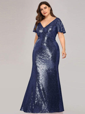 COLOR=Navy Blue | Women'S V-Neck Short Sleeve Glitter Dress Bodycon Mermaid Dress-Navy Blue 3
