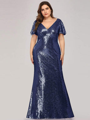 COLOR=Navy Blue | Women'S V-Neck Short Sleeve Glitter Dress Bodycon Mermaid Dress-Navy Blue 4