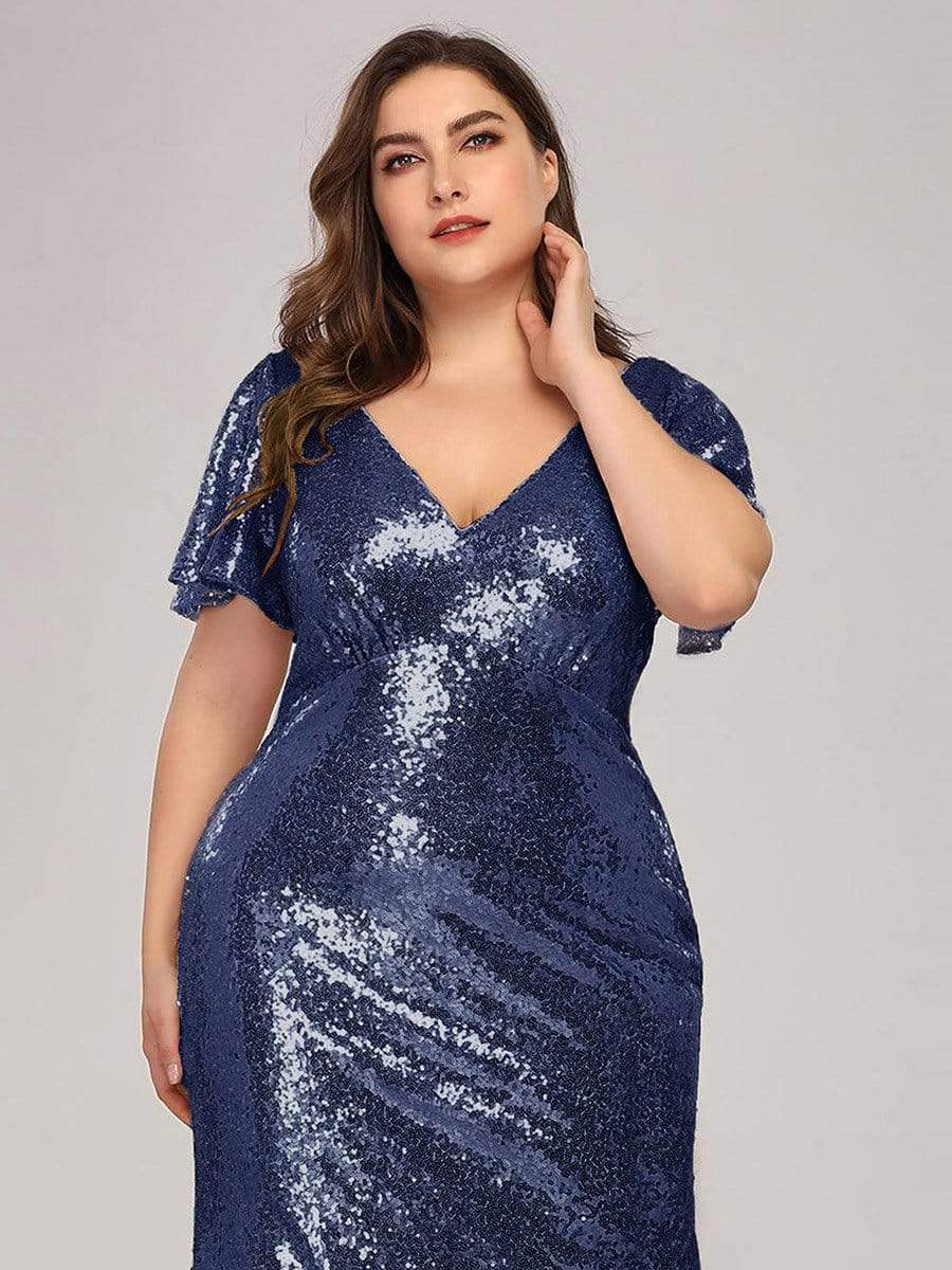 COLOR=Navy Blue | Women'S V-Neck Short Sleeve Glitter Dress Bodycon Mermaid Dress-Navy Blue 5