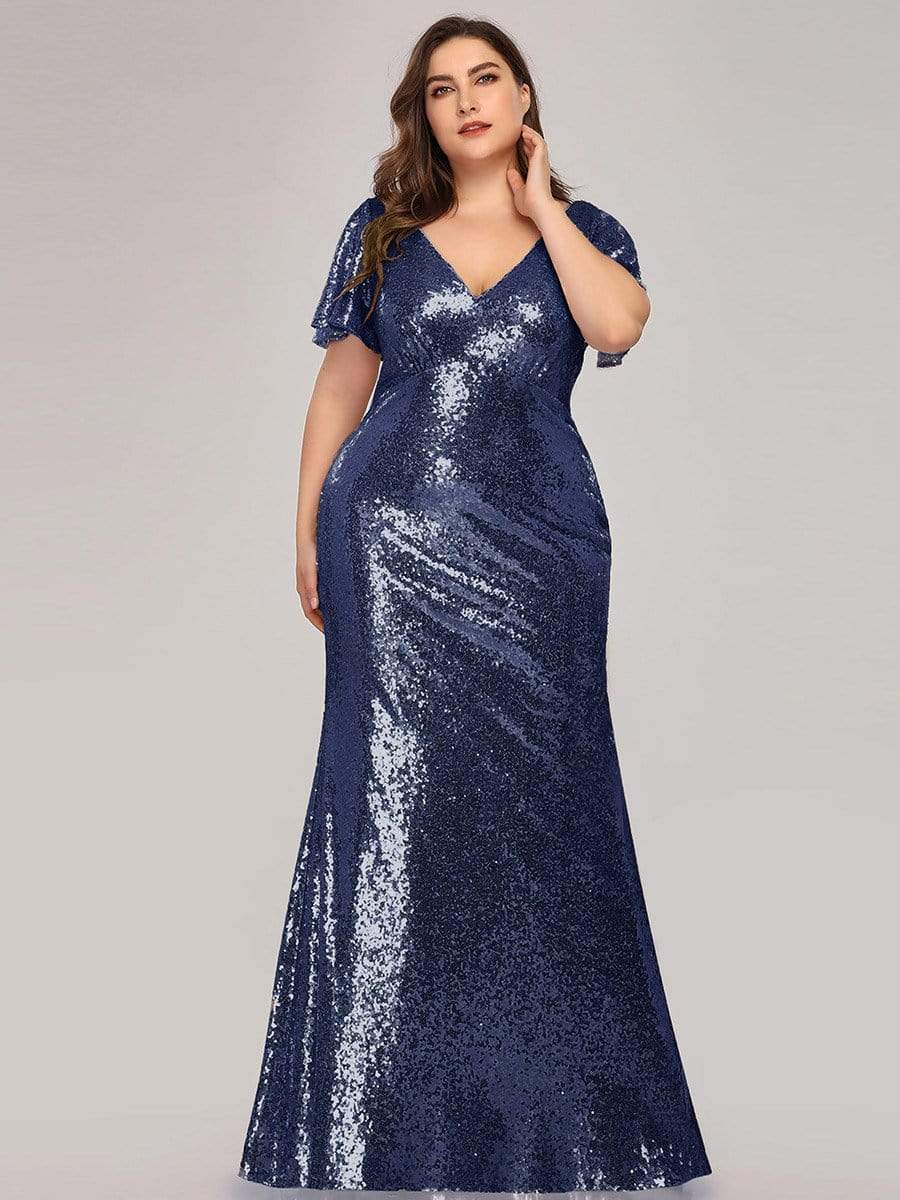 COLOR=Navy Blue | Women'S V-Neck Short Sleeve Glitter Dress Bodycon Mermaid Dress-Navy Blue 1