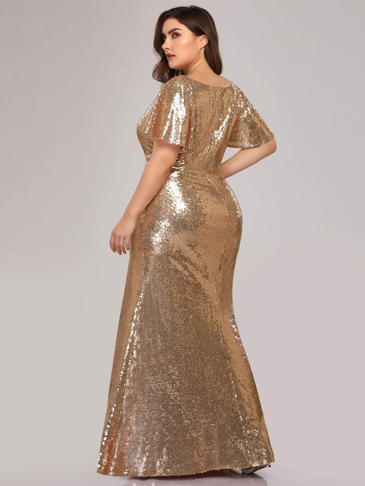 COLOR=Rose Gold | Women'S V-Neck Short Sleeve Glitter Dress Bodycon Mermaid Dress-Rose Gold 2