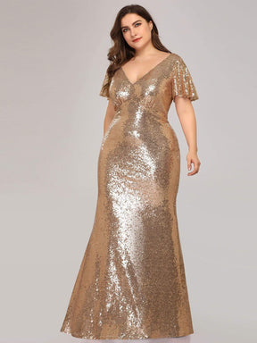 COLOR=Rose Gold | Women'S V-Neck Short Sleeve Glitter Dress Bodycon Mermaid Dress-Rose Gold 3