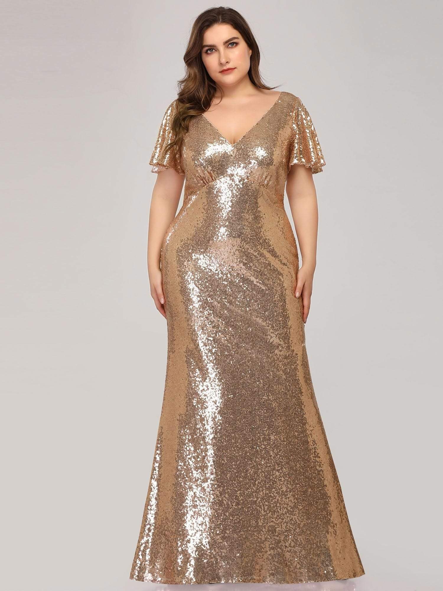 COLOR=Rose Gold | Women'S V-Neck Short Sleeve Glitter Dress Bodycon Mermaid Dress-Rose Gold 4