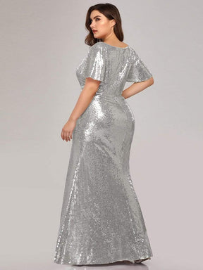COLOR=Silver | Women'S V-Neck Short Sleeve Glitter Dress Bodycon Mermaid Dress-Silver 2