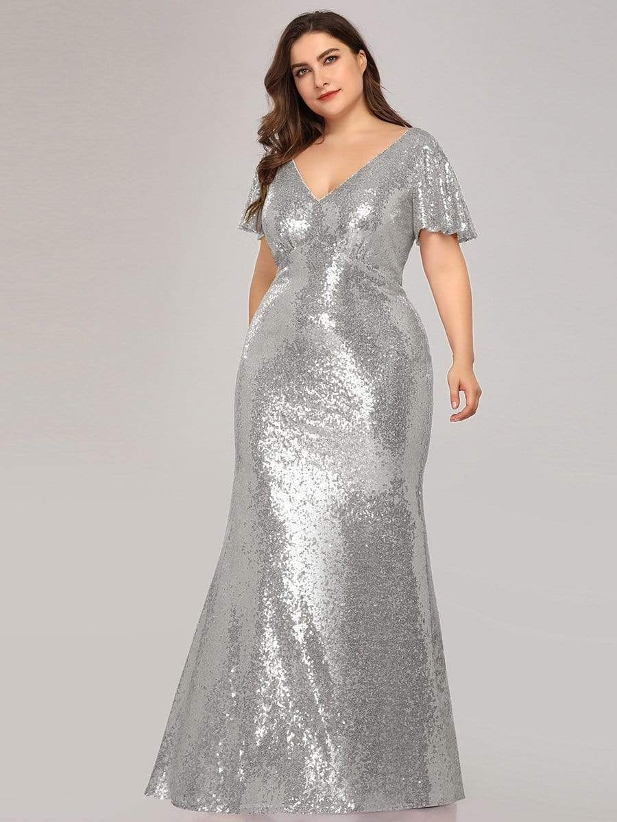 COLOR=Silver | Women'S V-Neck Short Sleeve Glitter Dress Bodycon Mermaid Dress-Silver 3