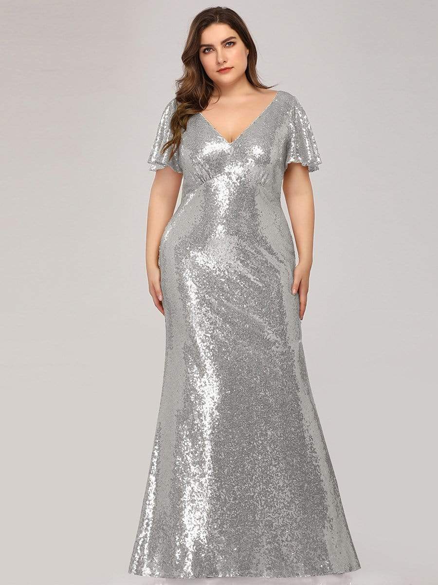 COLOR=Silver | Women'S V-Neck Short Sleeve Glitter Dress Bodycon Mermaid Dress-Silver 4