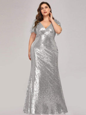 COLOR=Silver | Women'S V-Neck Short Sleeve Glitter Dress Bodycon Mermaid Dress-Silver 1