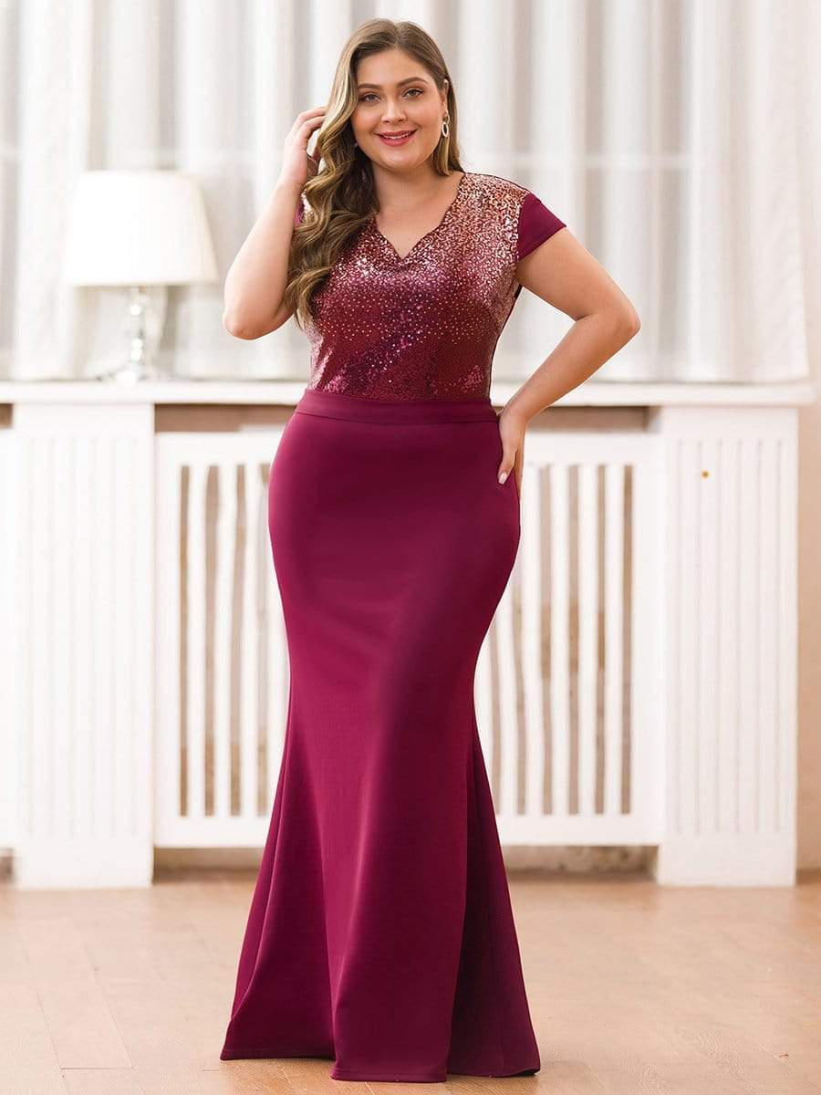 Color=Burgundy | Women'S V-Neck Sequin Dress Evening Party Mermaid Dress-Burgundy 1